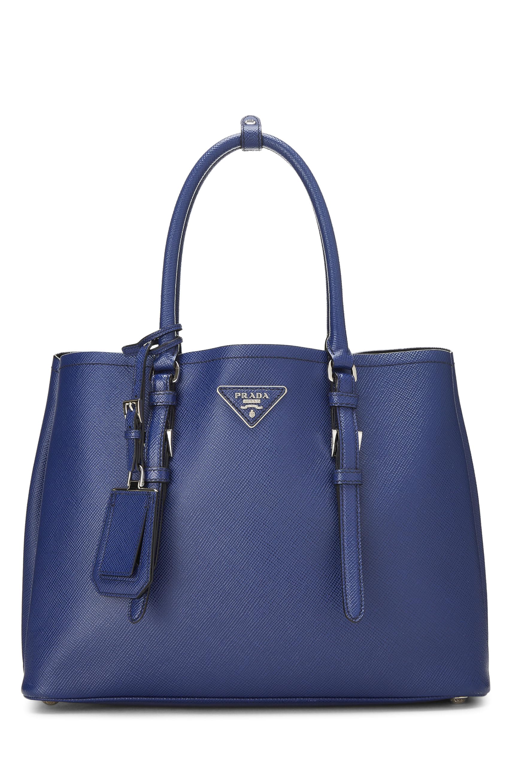 Prada Double Tote Leather Saffiano Blue Tote Bag