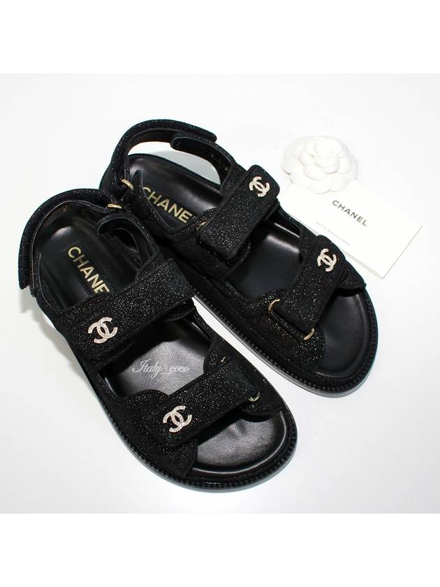 CC Logo Velcro Suede Kidskin Sandals Black Chanel