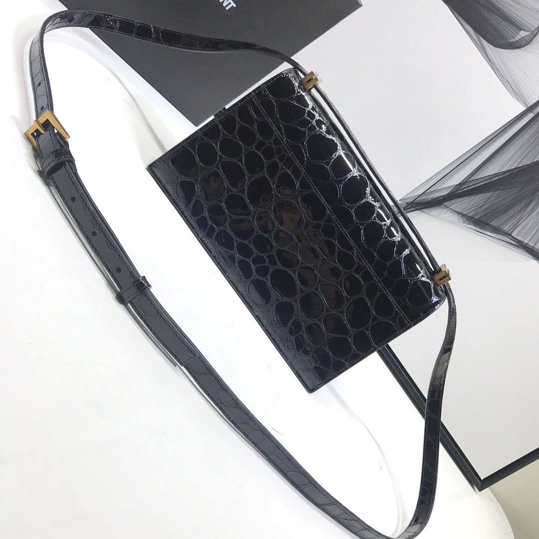 YSL Saint Laurent Cassandra Stone Print 7in 19cm Black Small Crossbody Bag