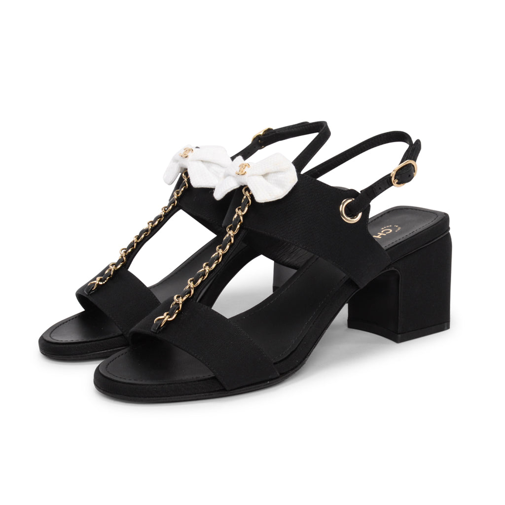 Chanel Black Grosgrain Bow CC Sandals 39 for Women