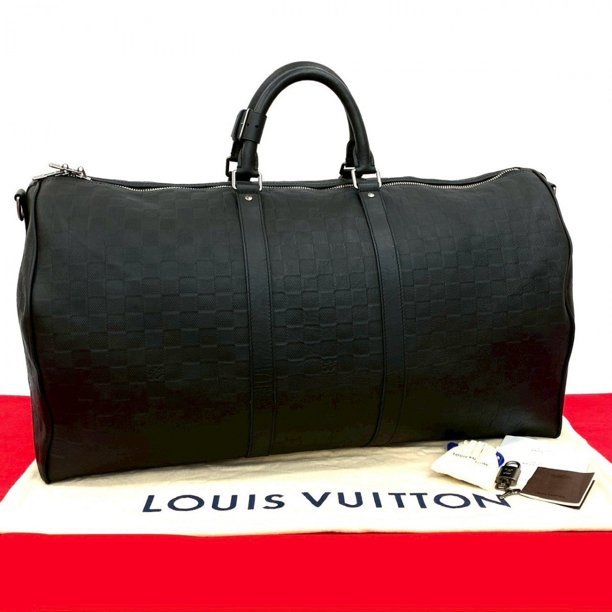 Louis Vuitton Boston Duffel Damier Anfini Keepall Leather Black Travel Bag