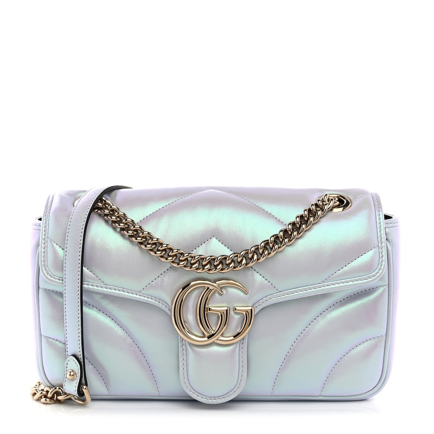 Gucci Iridescent Nappa Chevron Matelasse Small GG Marmont Shoulder Bag Iridescent Snow Light Blue