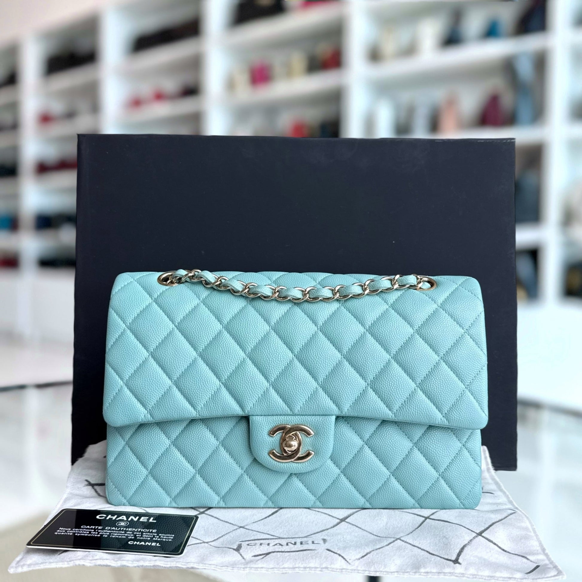 Chanel Classic Flap Medium - Caviar 25CM Quilted Light Blue Gold Hardware Series 29