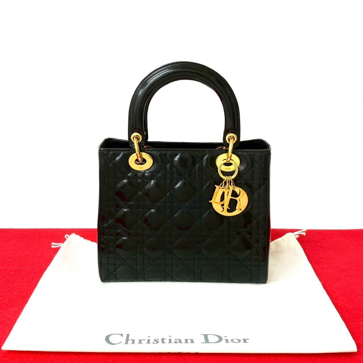 Dior Handbag Patent Lady Leather Black Travel Bag