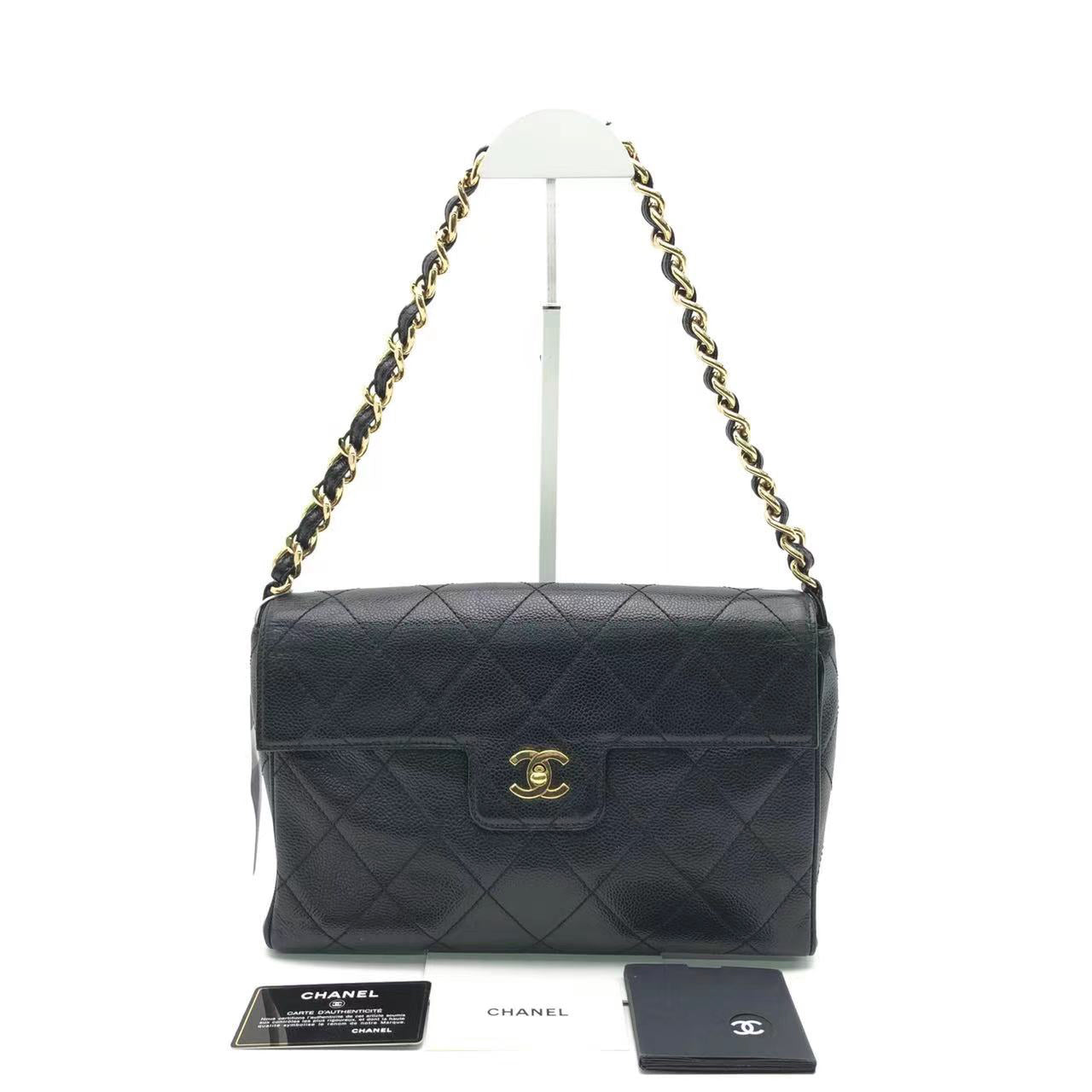 Chanel Single Flap Caviar 24k Black Gold Leather Handbag