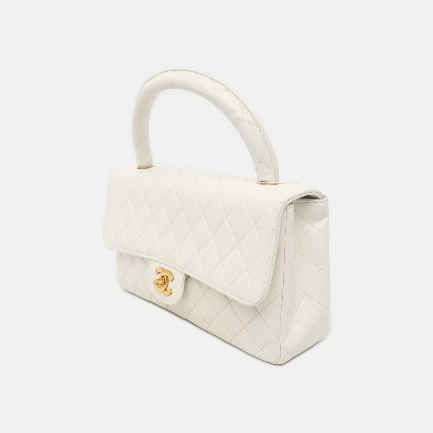 Chanel Kelly Parent Top Handle Flap Lambskin White Gold Leather Shoulder Bag