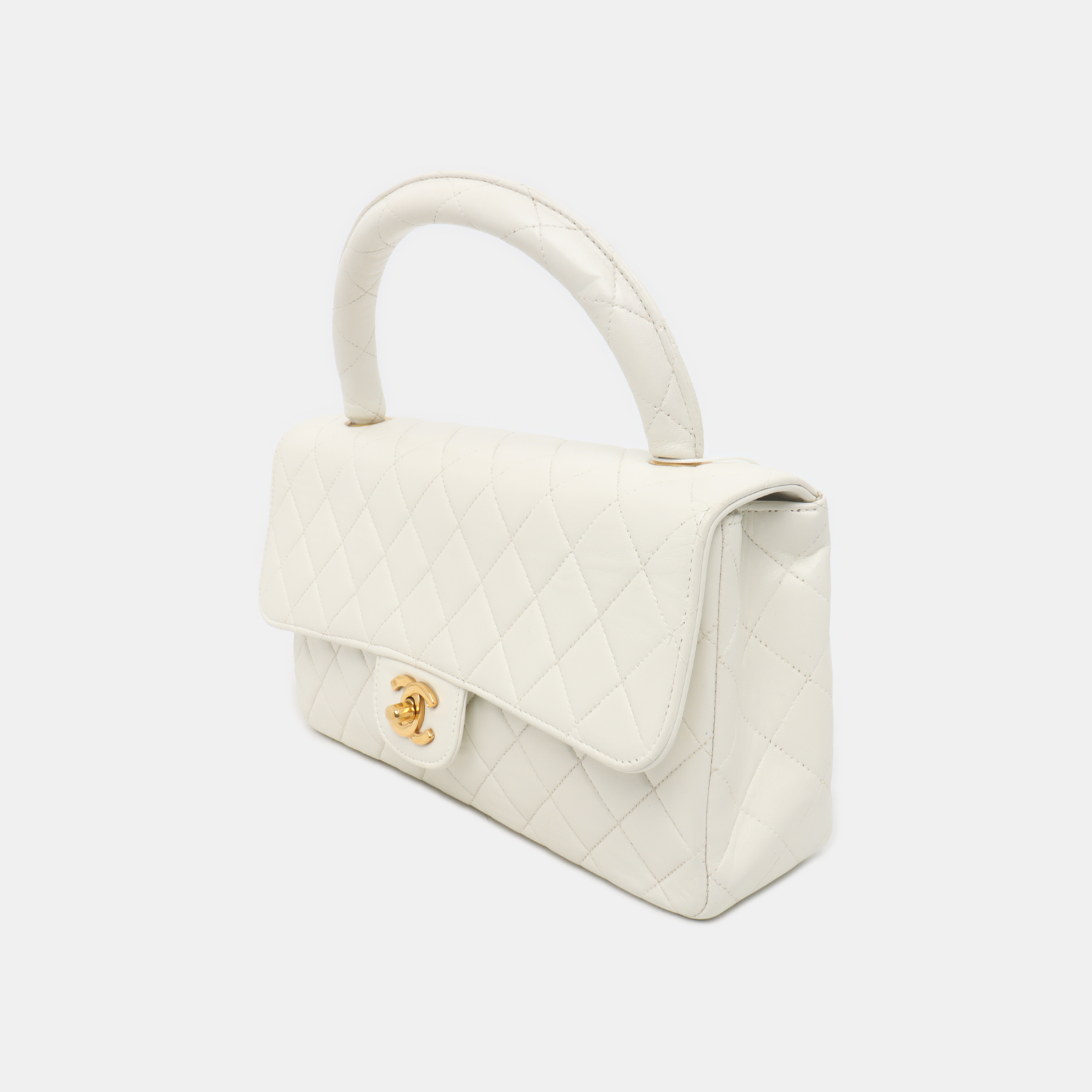 Chanel Kelly Parent Top Handle Flap Lambskin White Gold Leather Shoulder Bag