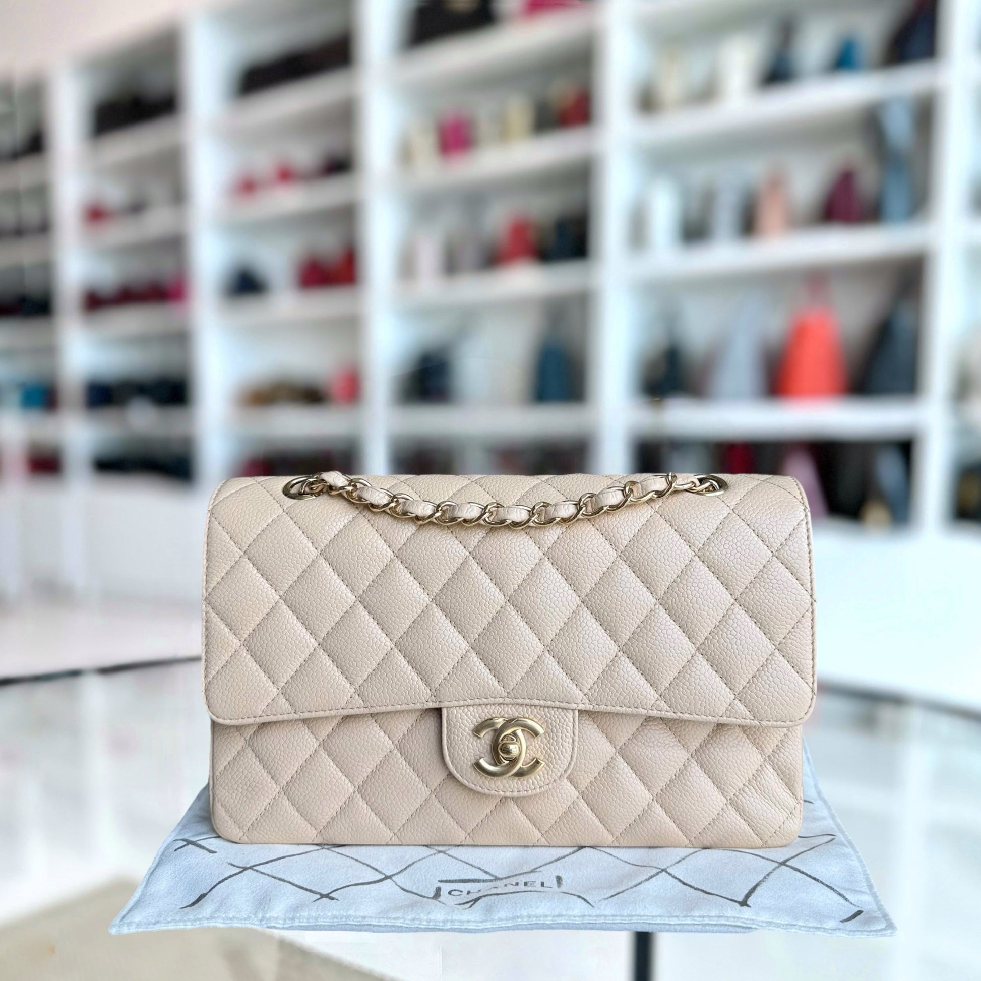 Chanel Classic Flap Medium - Caviar 25CM Quilted Beige Gold Hardware Series 14