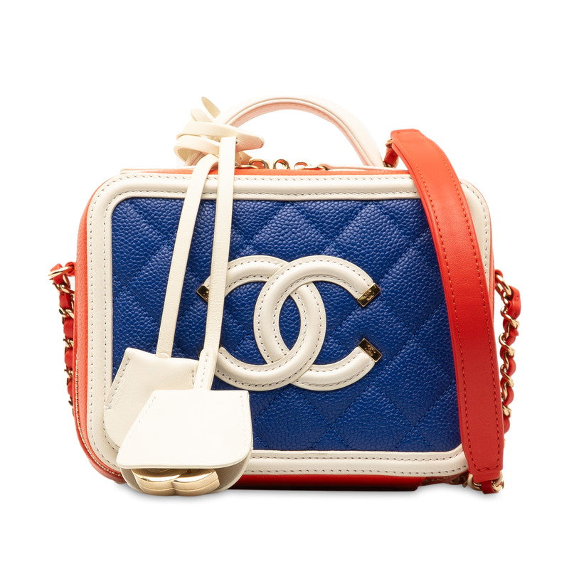 Chanel CC Filigree Vanity Bag Tricolor Red Blue White Caviar S  CHANEL