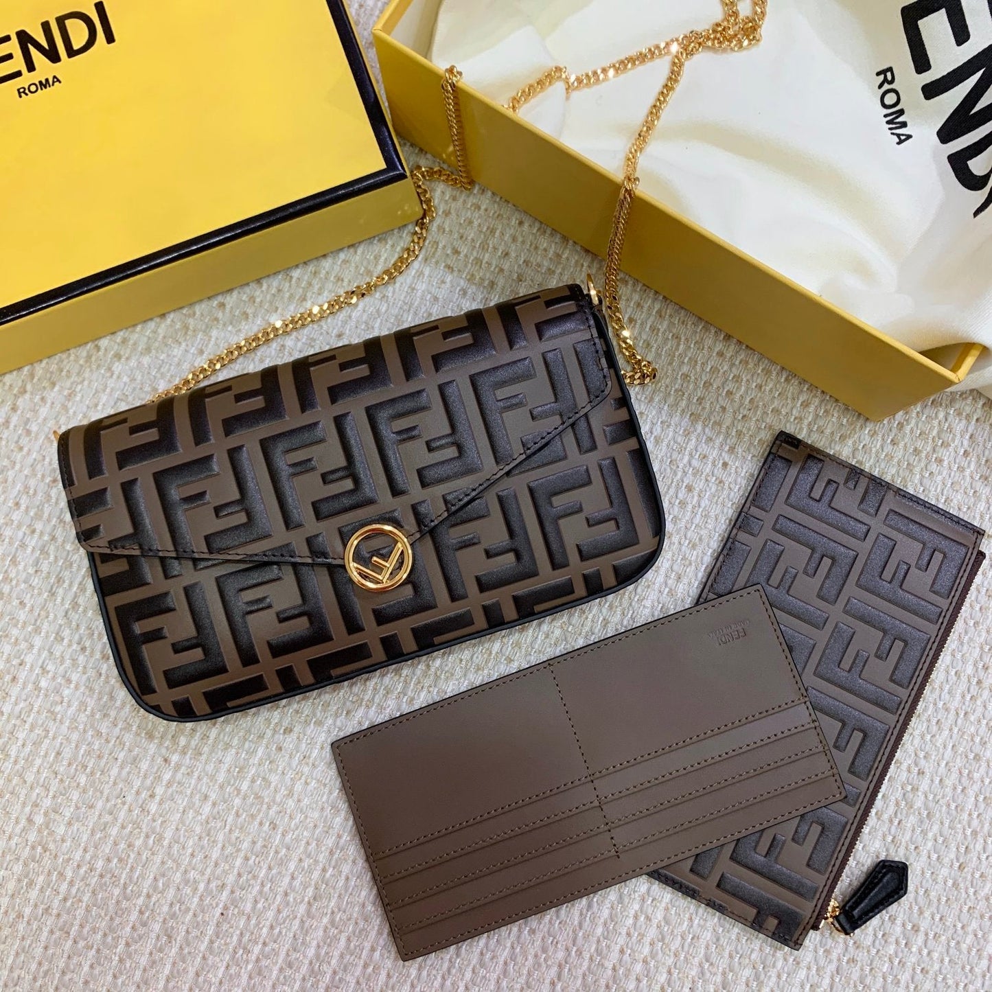 Fendi Wallet On Pouches Ff Brown Chain Crossbody Bag