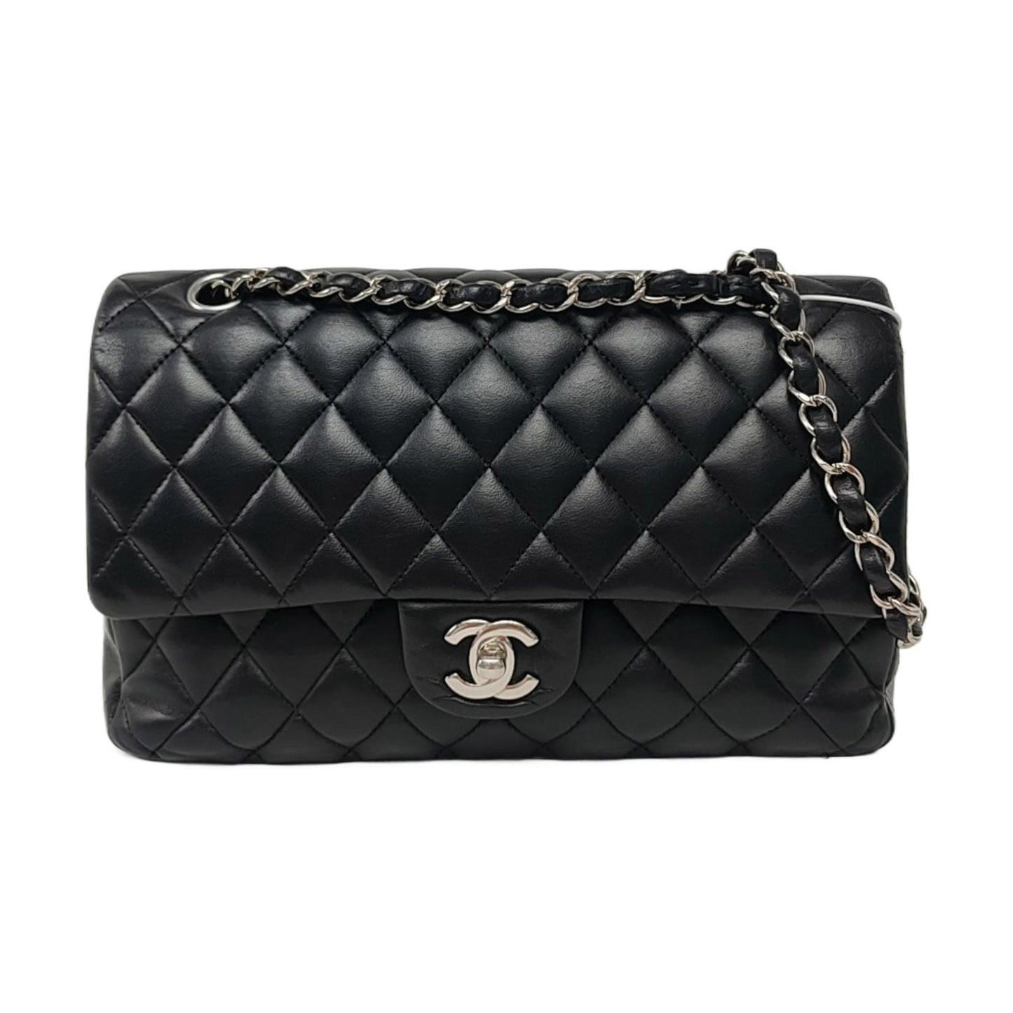 Chanel Timeless Classic Flap Lambskin Hardware Black Silver Leather Handbag 5