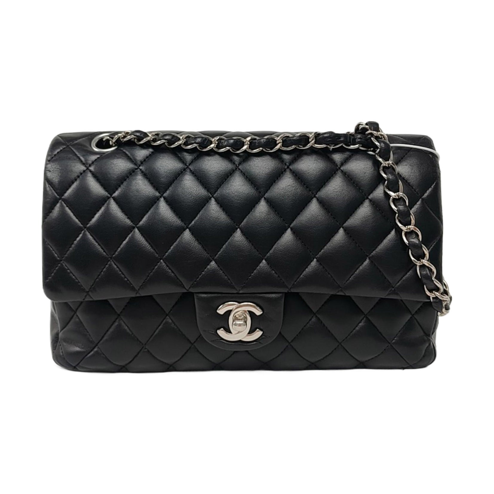 Chanel Timeless Classic Flap Lambskin Hardware Black Silver Leather Handbag 5
