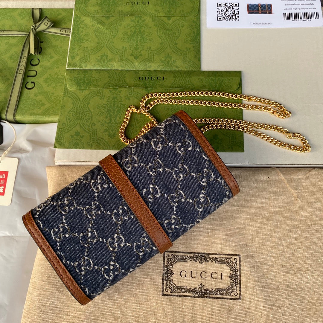 gg Jackie Wallet Dark Ivory Denim Blue Chain Travel Bag