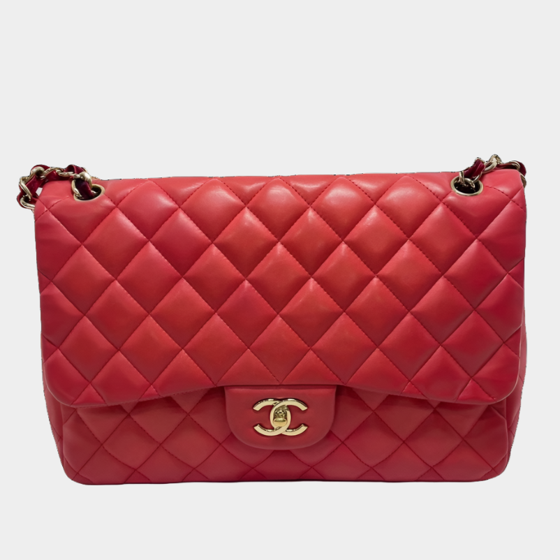 Chanel Classic Flap Hardware Velvet Matelasse Red Gold Leather Handbag
