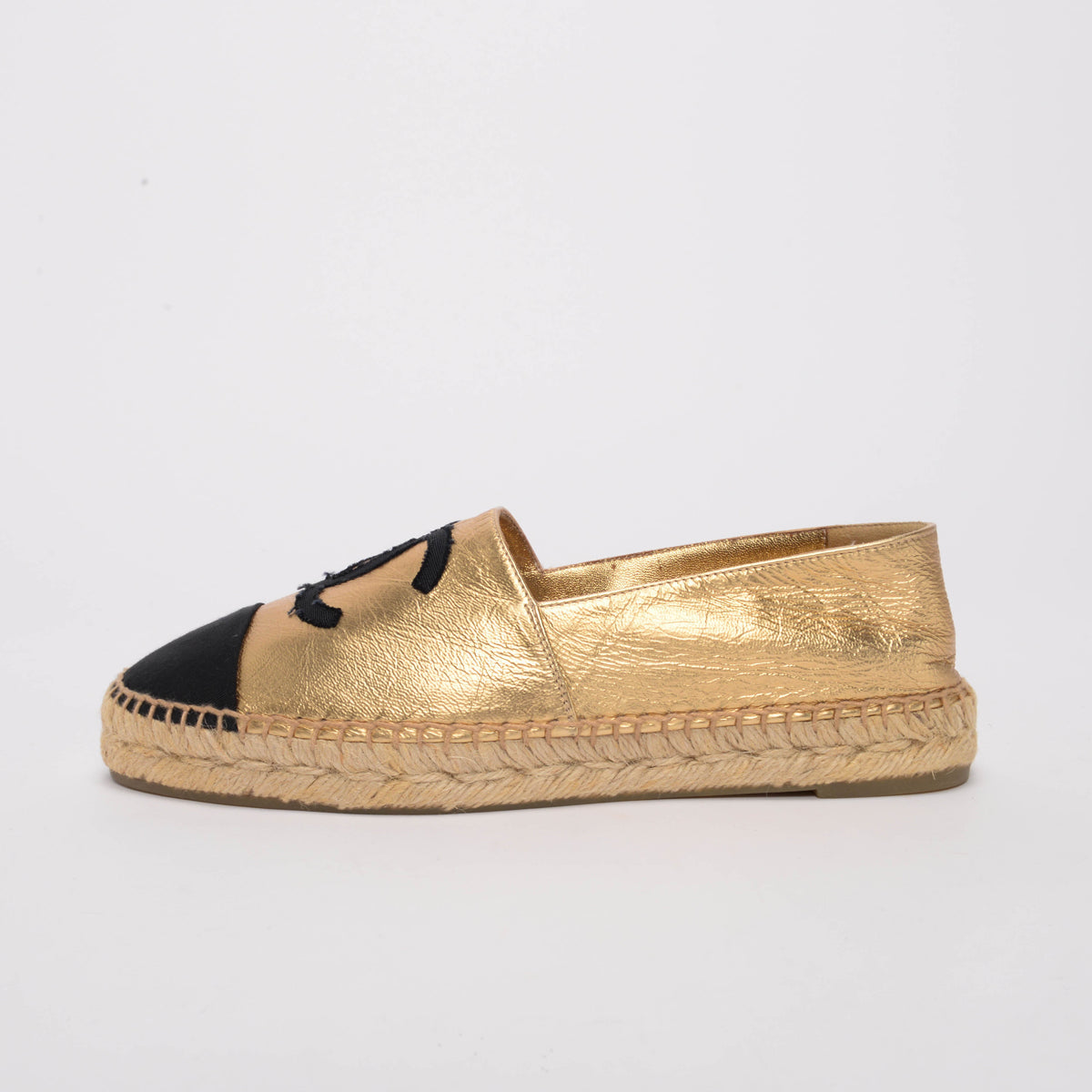 Chanel Gold & Black Lambskin CC Espadrilles 38 Shoes