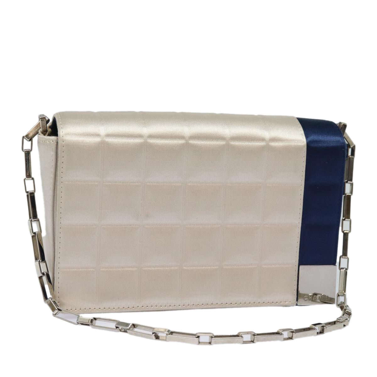 Chanel Choco Bar Line Chain Shoulder Bag Satin Blue Beige CC Auth
