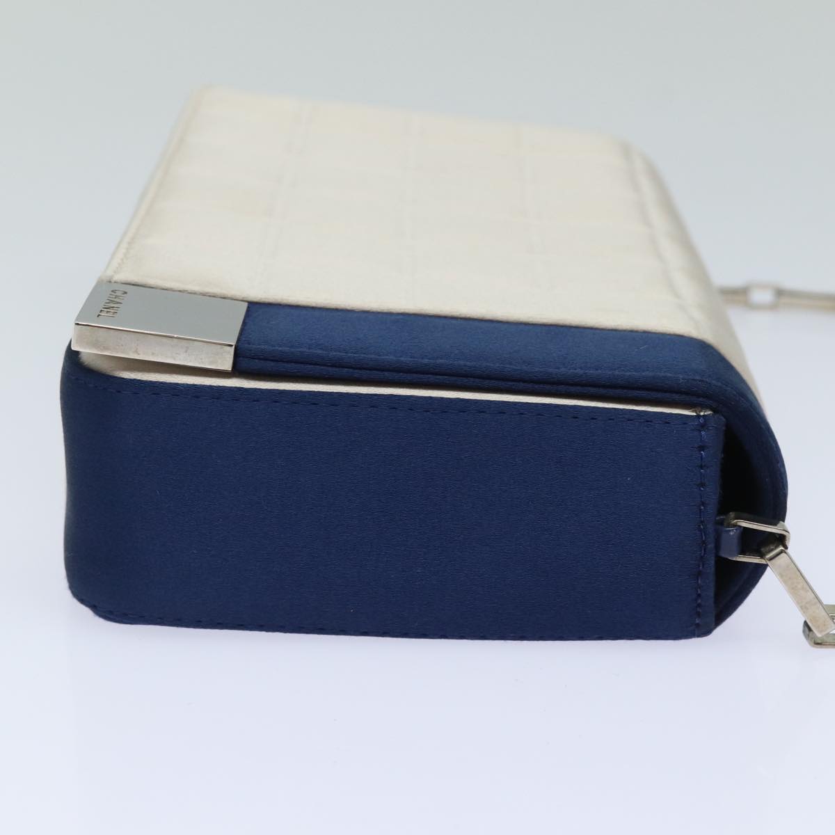 Chanel Choco Bar Line Chain Shoulder Bag Satin Blue Beige CC Auth