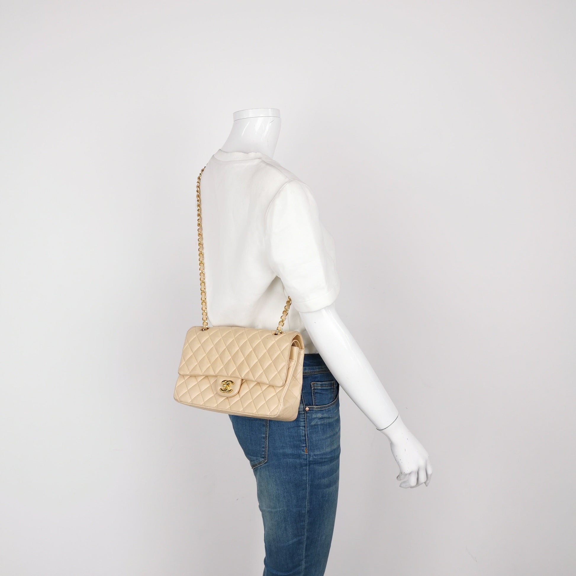 Chanel Classic Flap Lambskin HW Gold Beige Leather Handbag