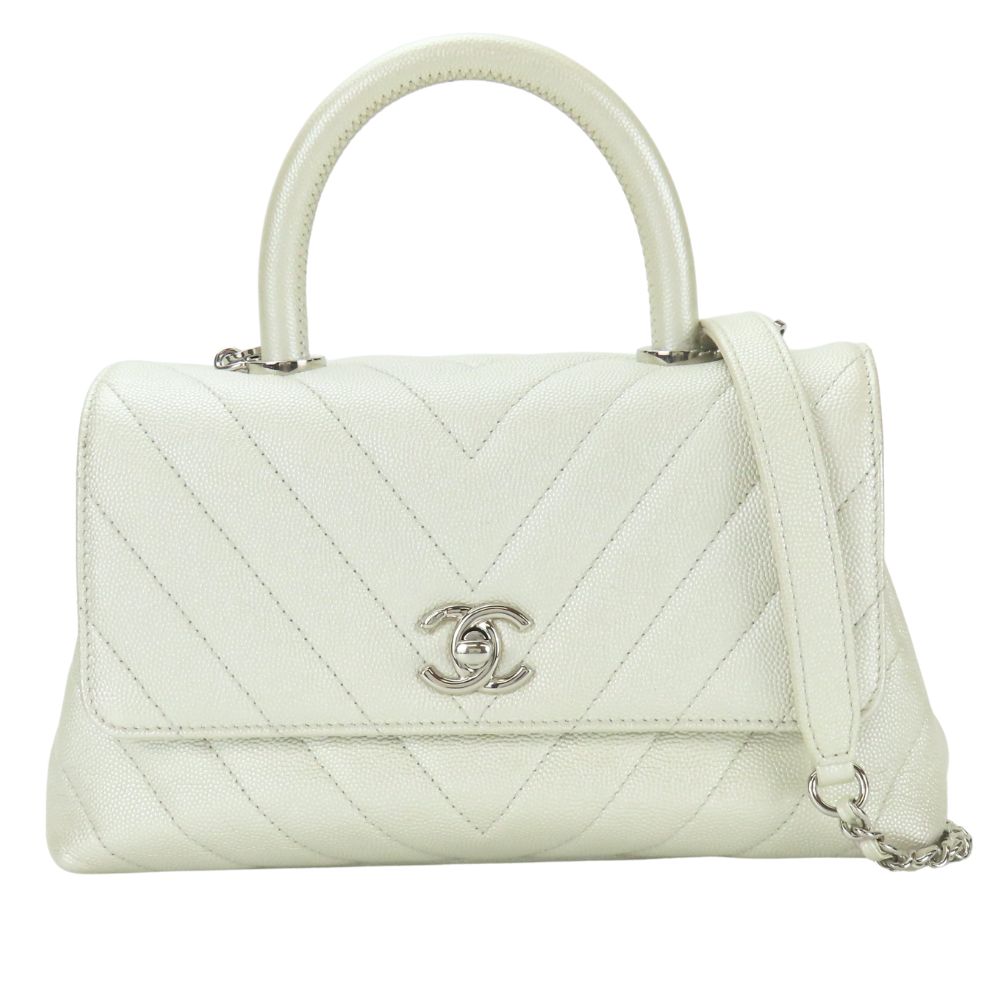 Chanel Caviar skin Pearl COCO Mark Coco White Handbag