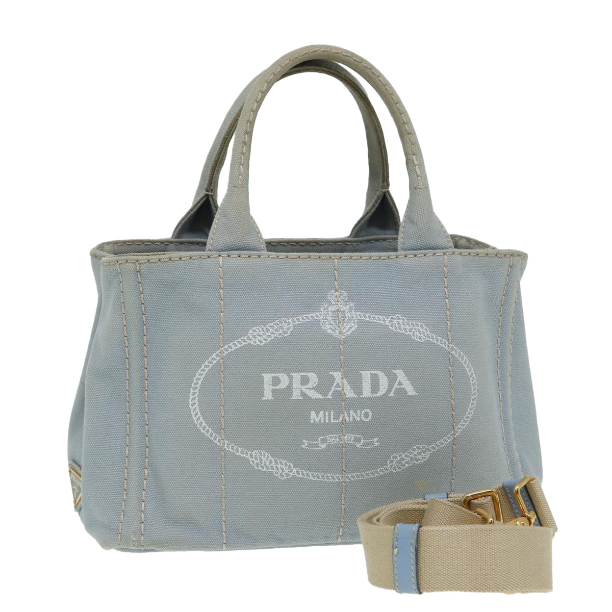 Prada Canapa Pm Hand Bag Light Auth Canvas Blue Travel Bag