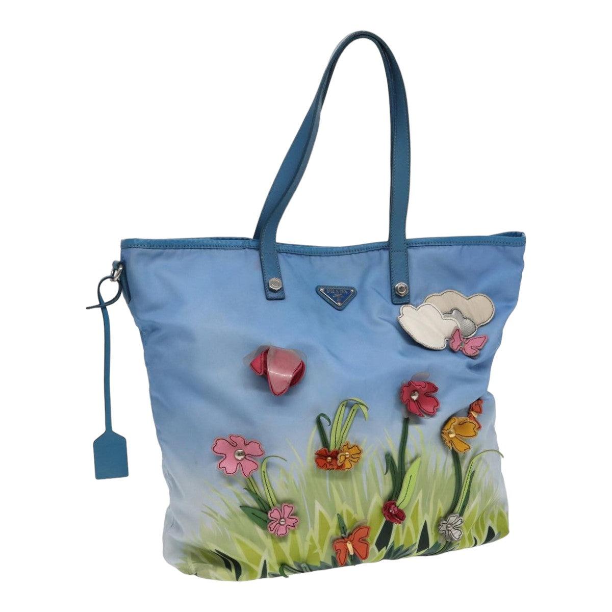 Prada Floral Tote Bag Auth Nylon Blue Green