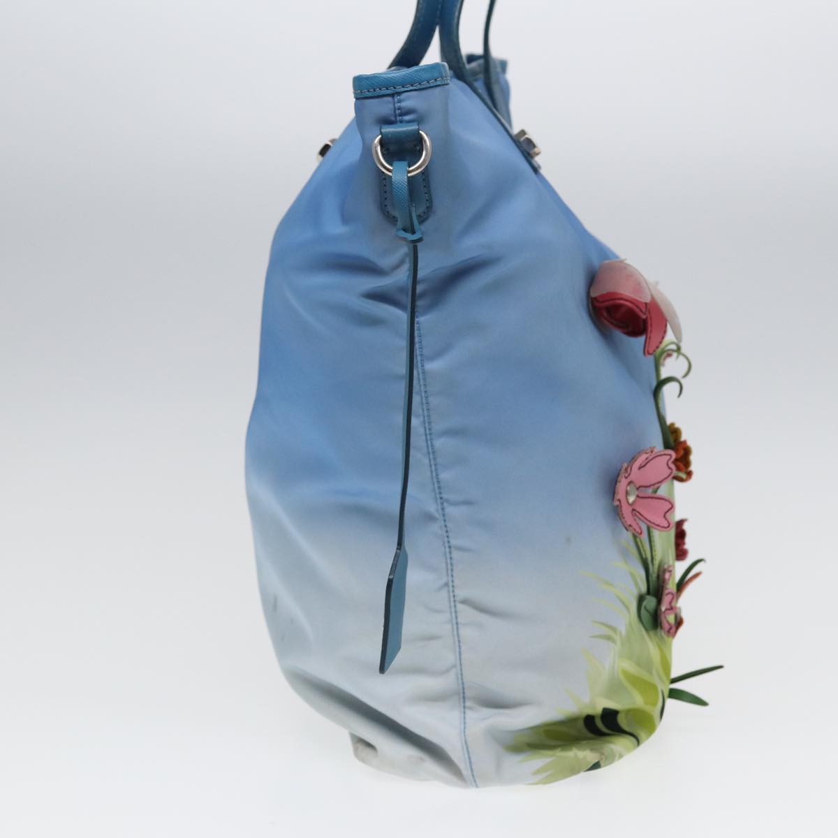 Prada Floral Tote Bag Auth Nylon Blue Green