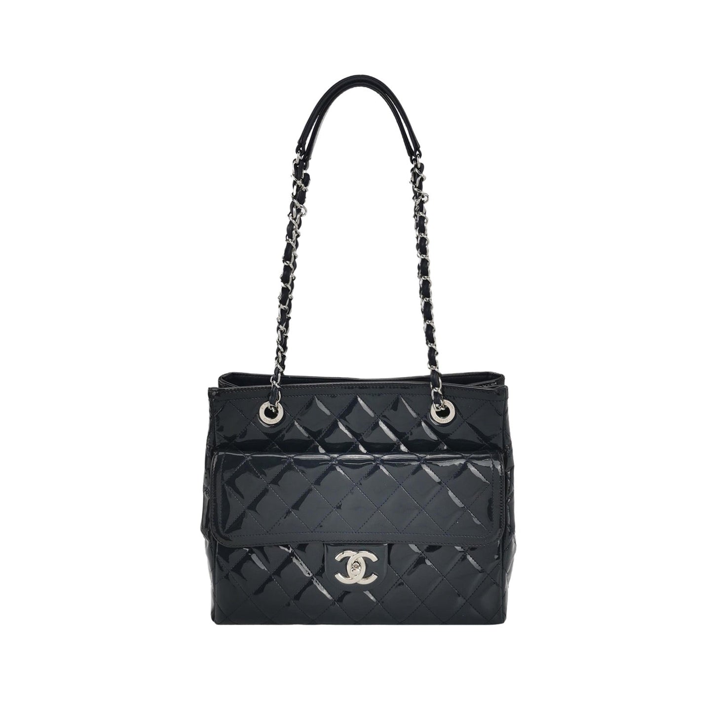 Chanel Coco Shine Quilted Patent Hardware -15 Black Silver Small Leather Tote Bag