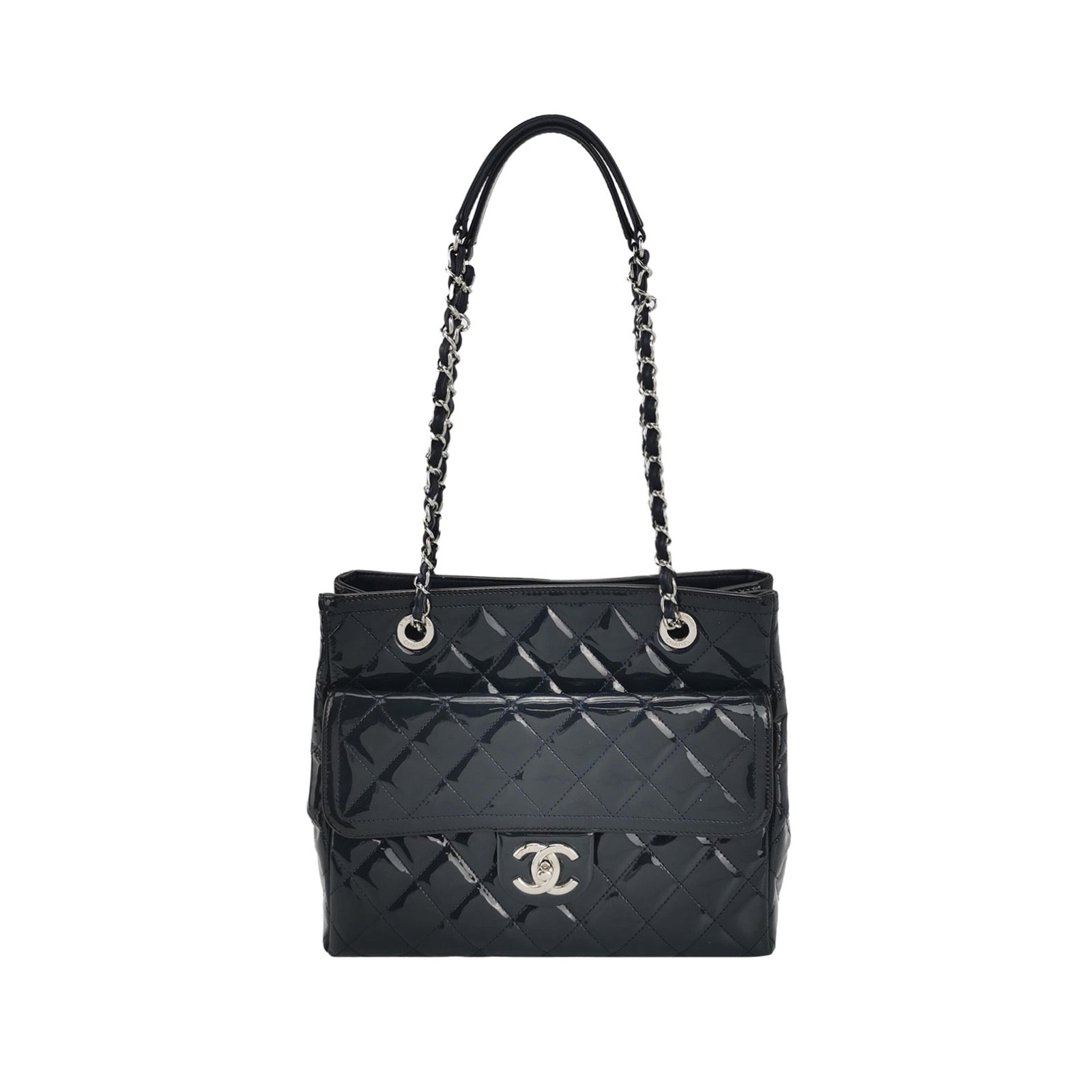 Chanel Coco Shine Quilted Patent Hardware -15 Black Silver Small Leather Tote Bag