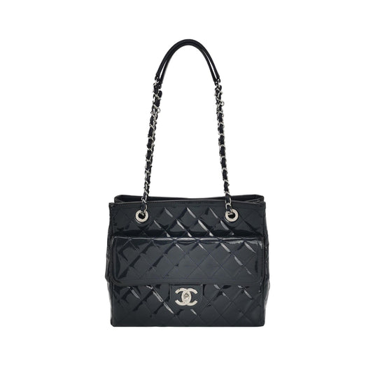 Chanel Coco Shine Quilted Patent Hardware -15 Black Silver Small Leather Tote Bag
