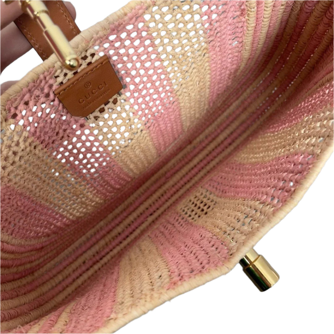 Gucci Jackie Wicker Hardware Strap Leather Pink Gold Travel Bag