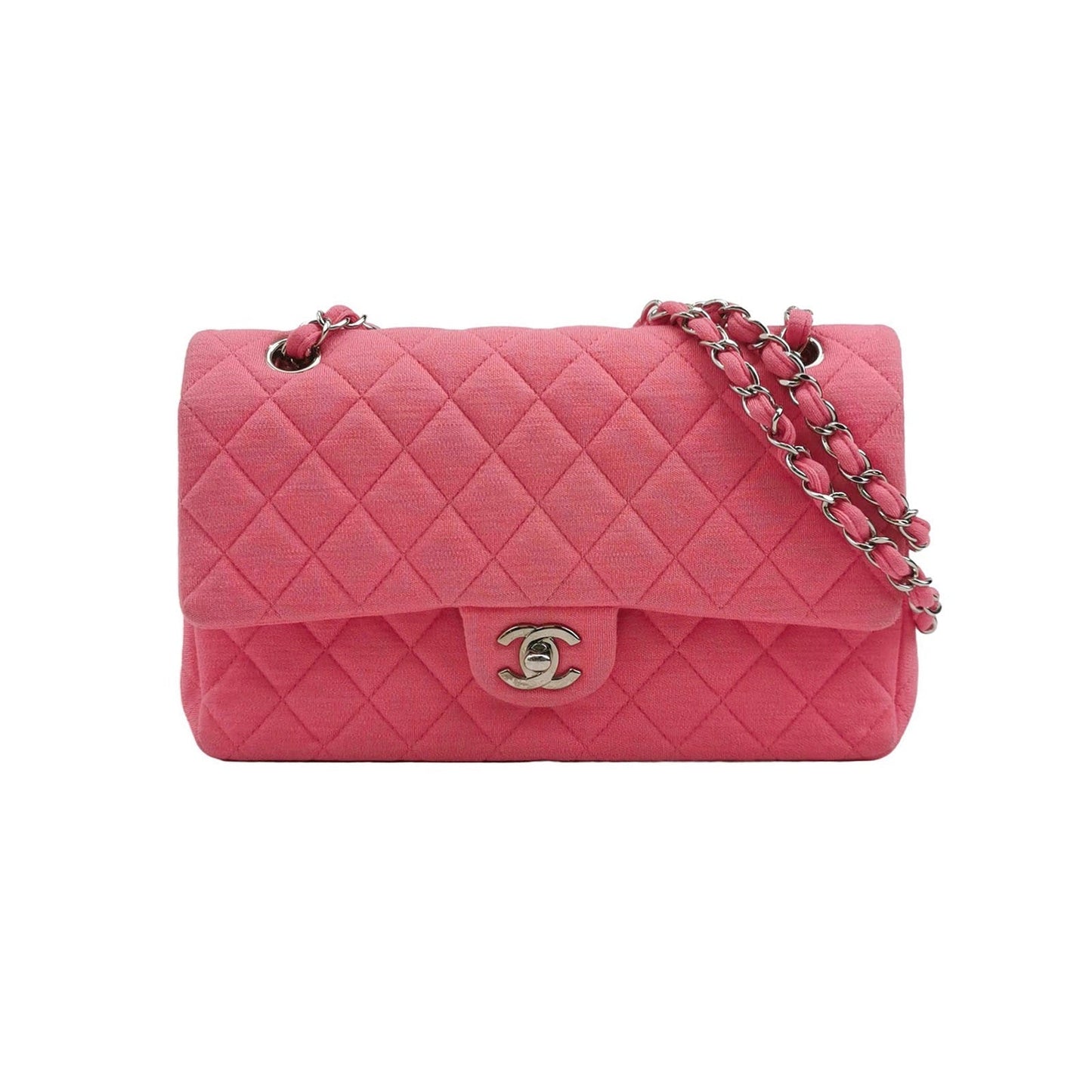 Chanel Classic Flap Double Flap Cotton Fabric Pink Silver Handbag