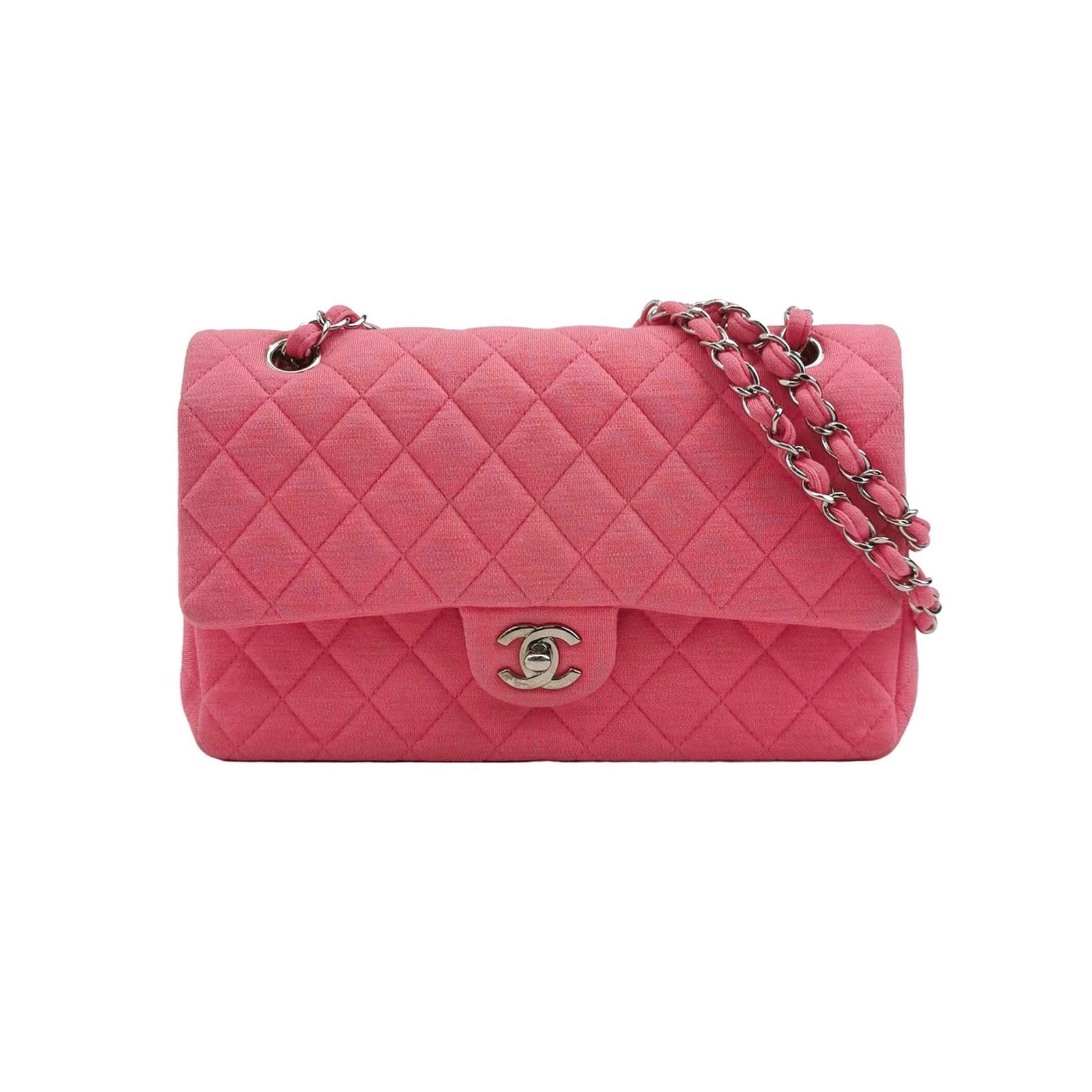 Chanel Classic Flap Double Flap Cotton Fabric Pink Silver Handbag