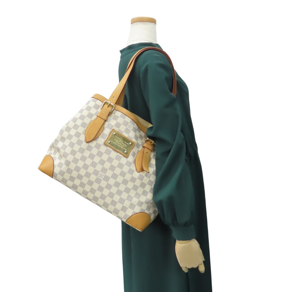 Louis Vuitton N51206 Damier Azur Tanned HamsteadMM Leather White Tote Bag