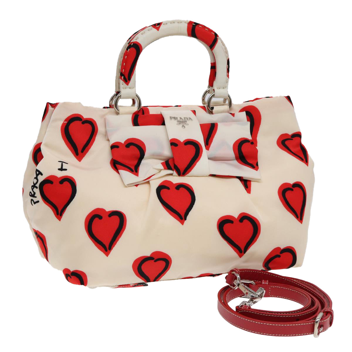 Prada Hand Bag 2Way Auth Nylon White Red Travel Bag