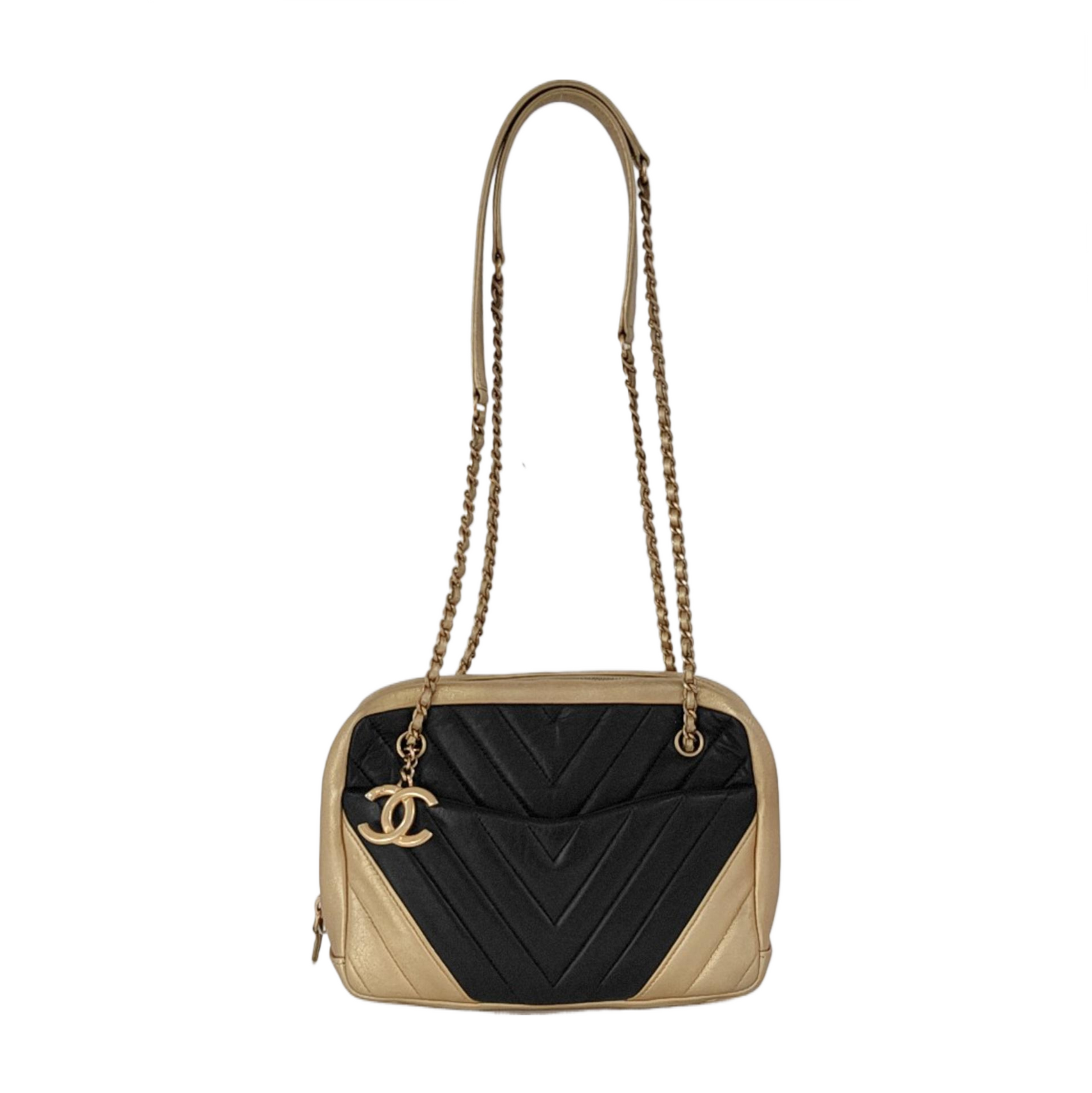 Chanel Camera Chevron Stitching Lambskin Double Black Gold Leather Crossbody Bag