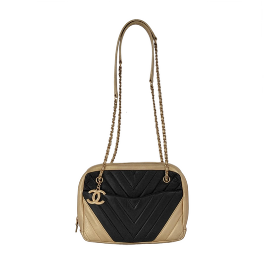 Chanel Camera Chevron Stitching Lambskin Double Black Gold Leather Crossbody Bag