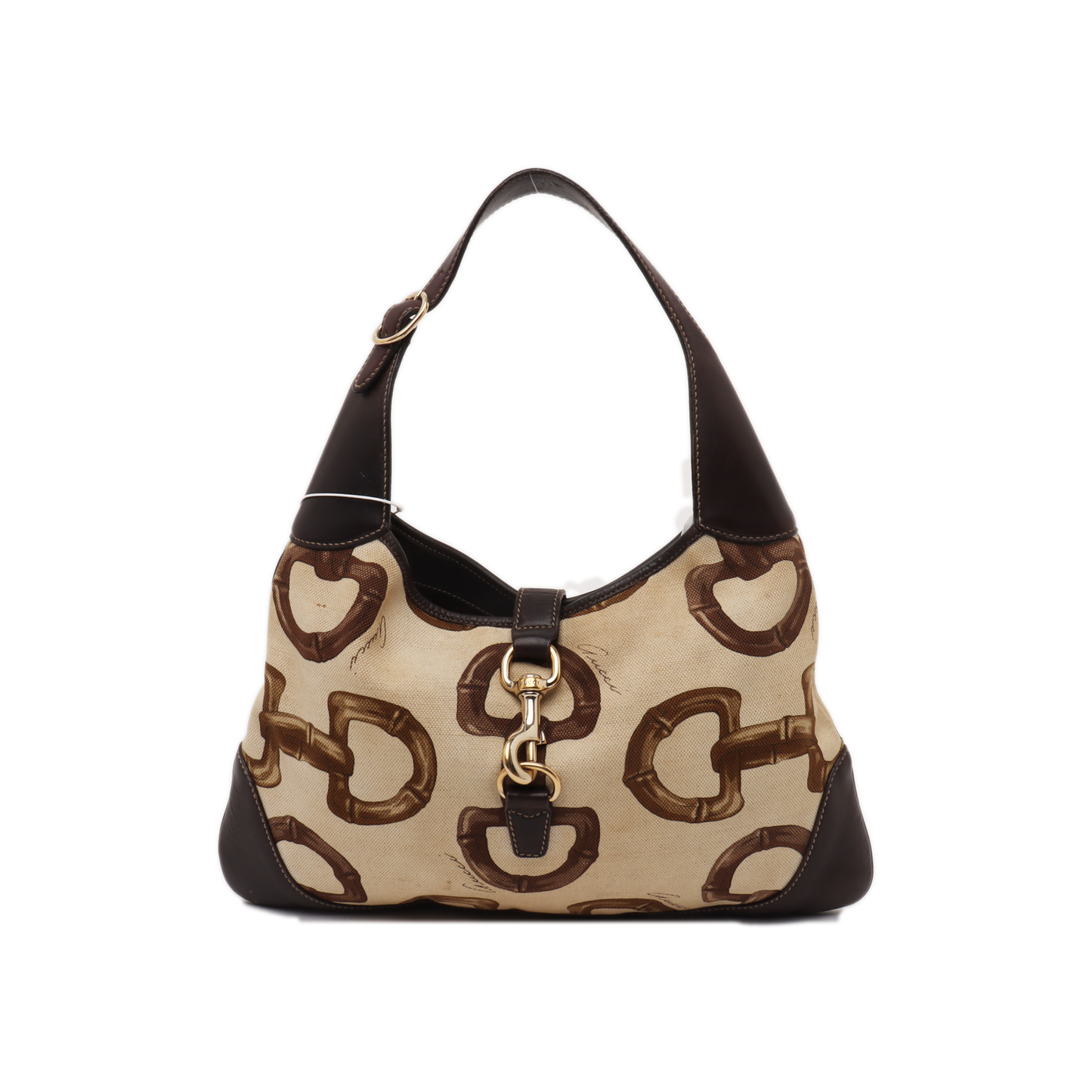 Gucci Jackie Horsebit Print Cloth Hardware Leather Brown Gold Medium Travel Bag