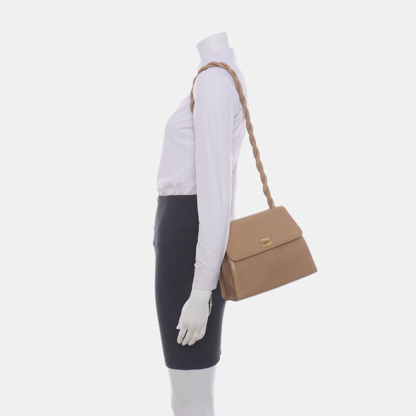 Chanel Braided CC Turn- Flap Caviar Beige Lock Leather Shoulder Bag