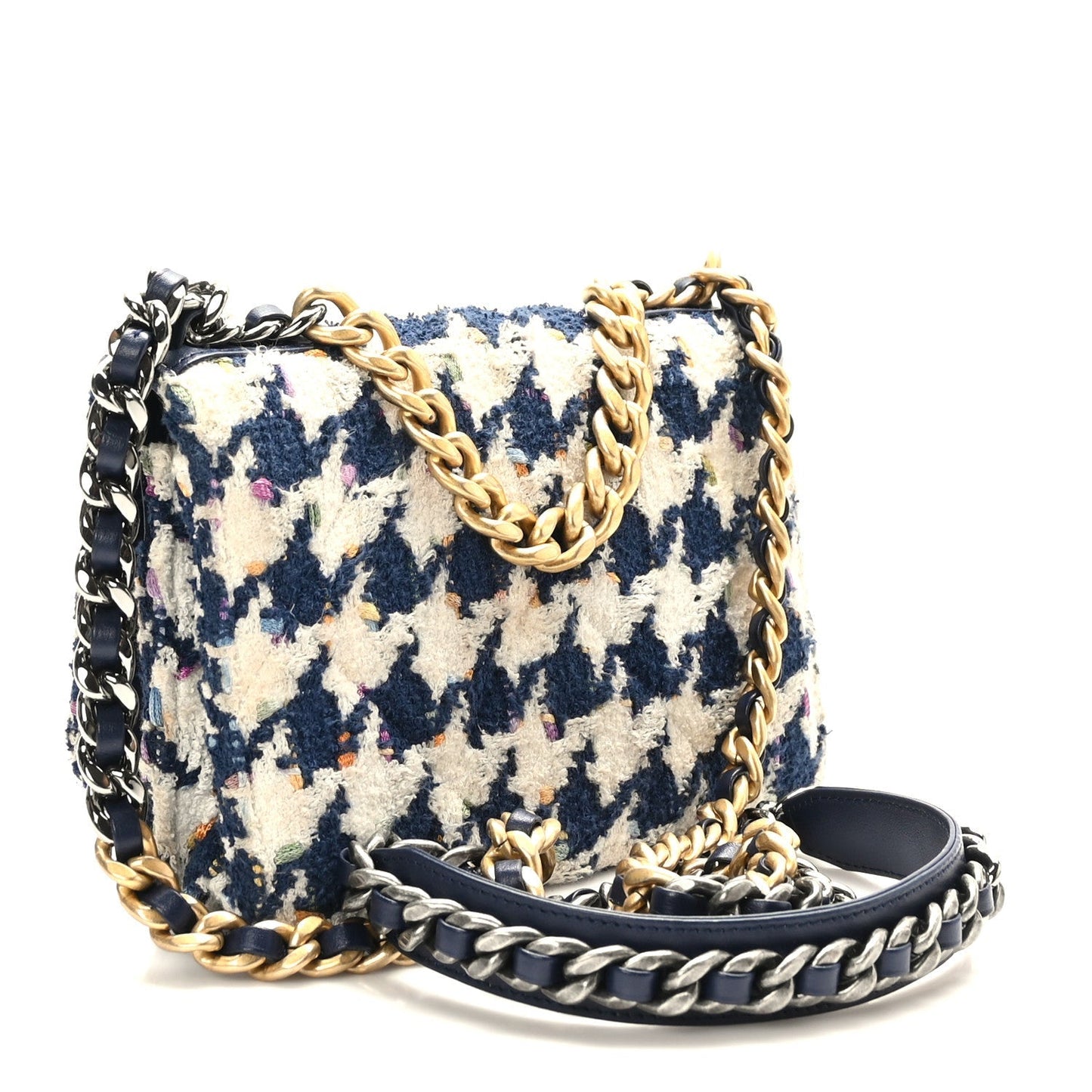 Chanel Tweed Quilted 19 Wallet on Chain WOC Ecru Navy Blue Multicolor Handbag