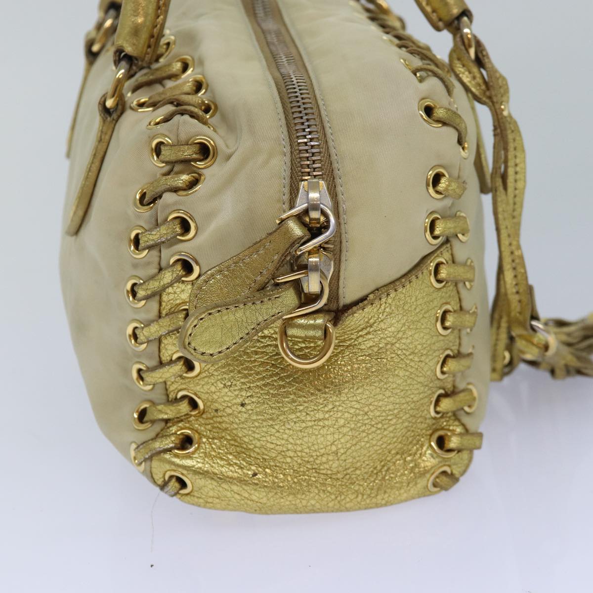Prada Hand Bag 2Way Auth Nylon Beige Gold Travel Bag