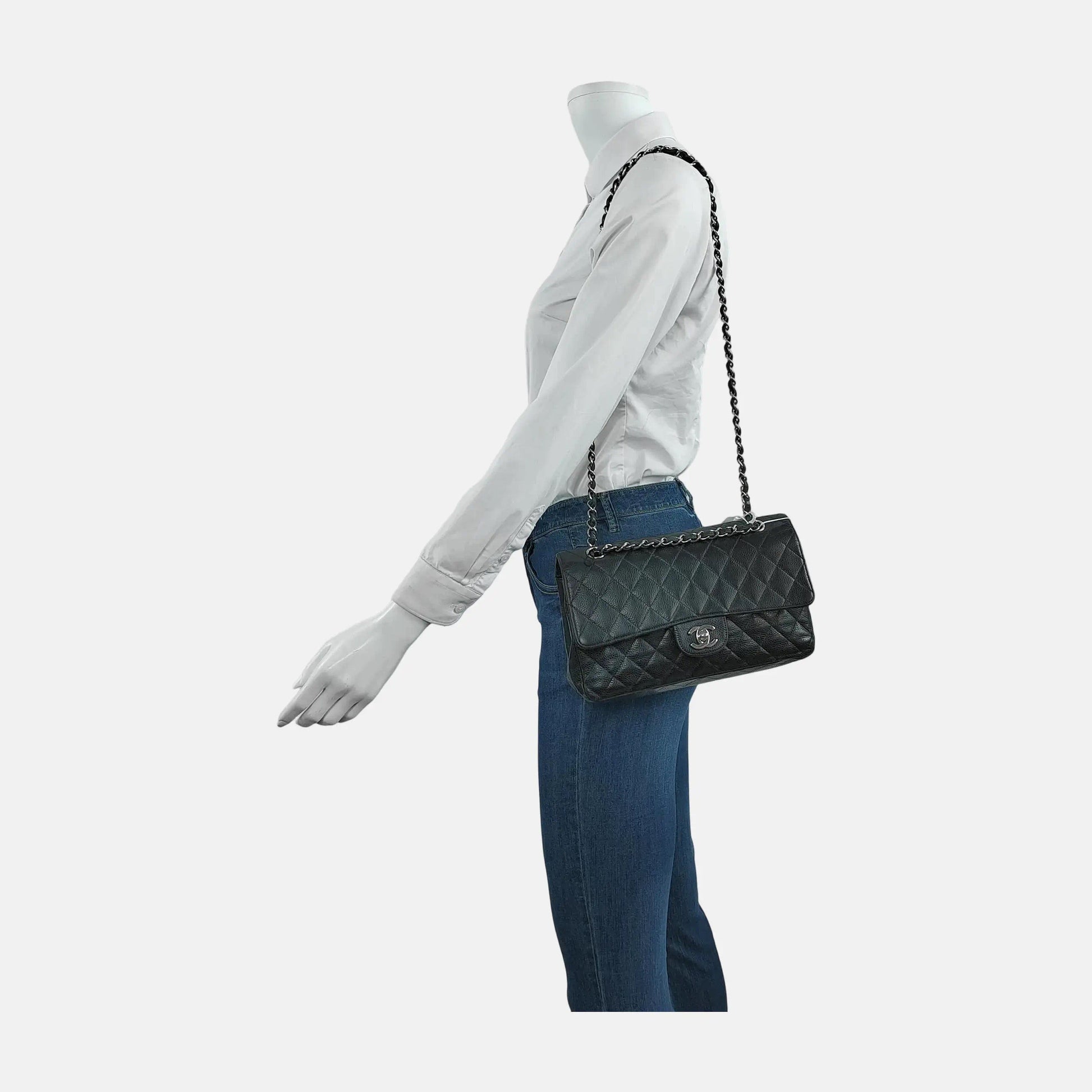 Chanel Classic Flap Caviar Hardware Black Silver Leather Handbag