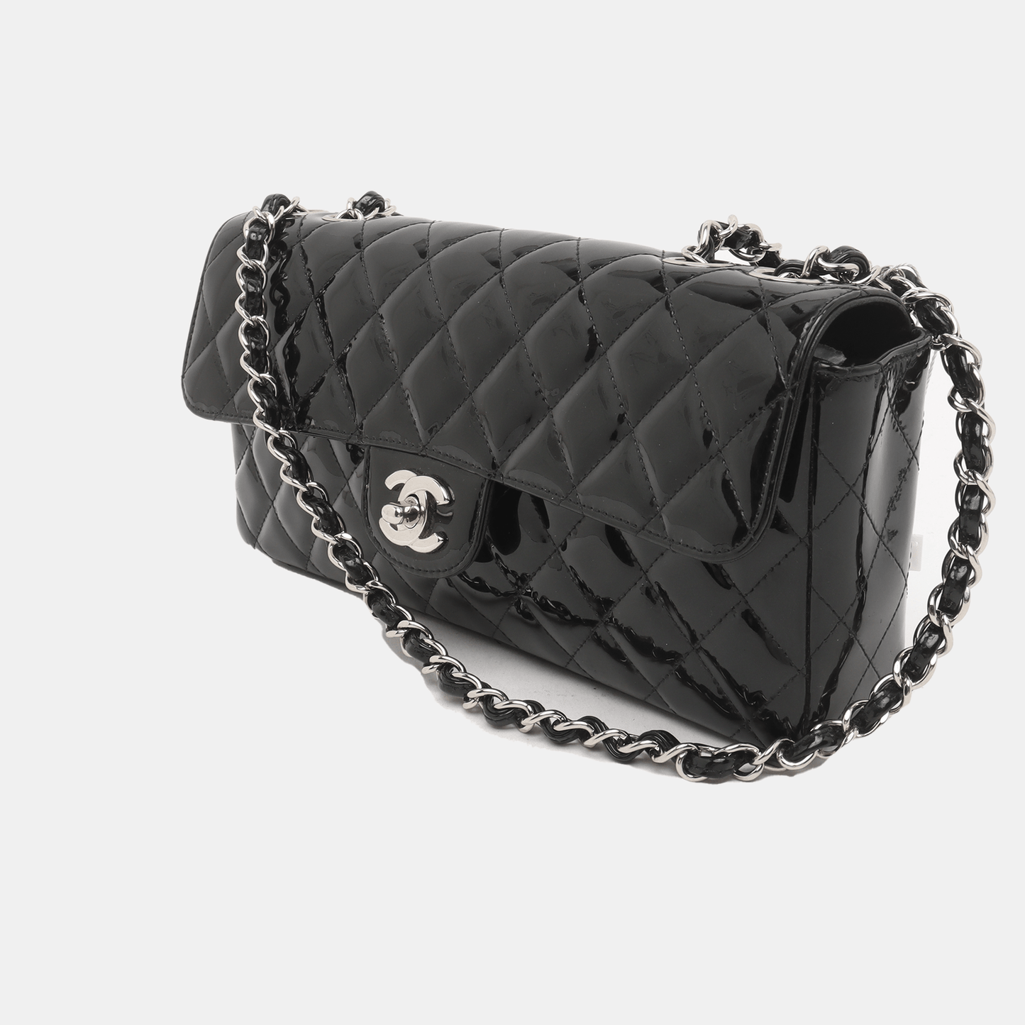 Chanel Baguette Flap Patent Double Black Silver Leather Shoulder Bag