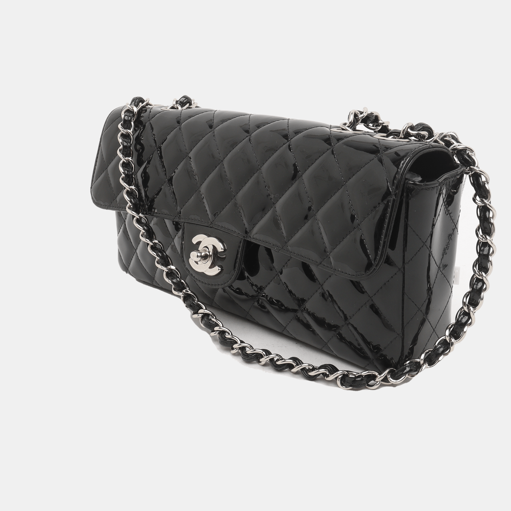 Chanel Baguette Flap Patent Double Black Silver Leather Shoulder Bag