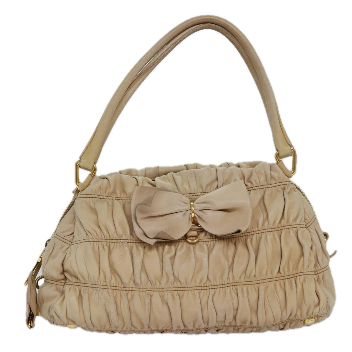 Prada Hand Bag Auth Nylon Beige Gold Travel Bag Gold Auth 85286