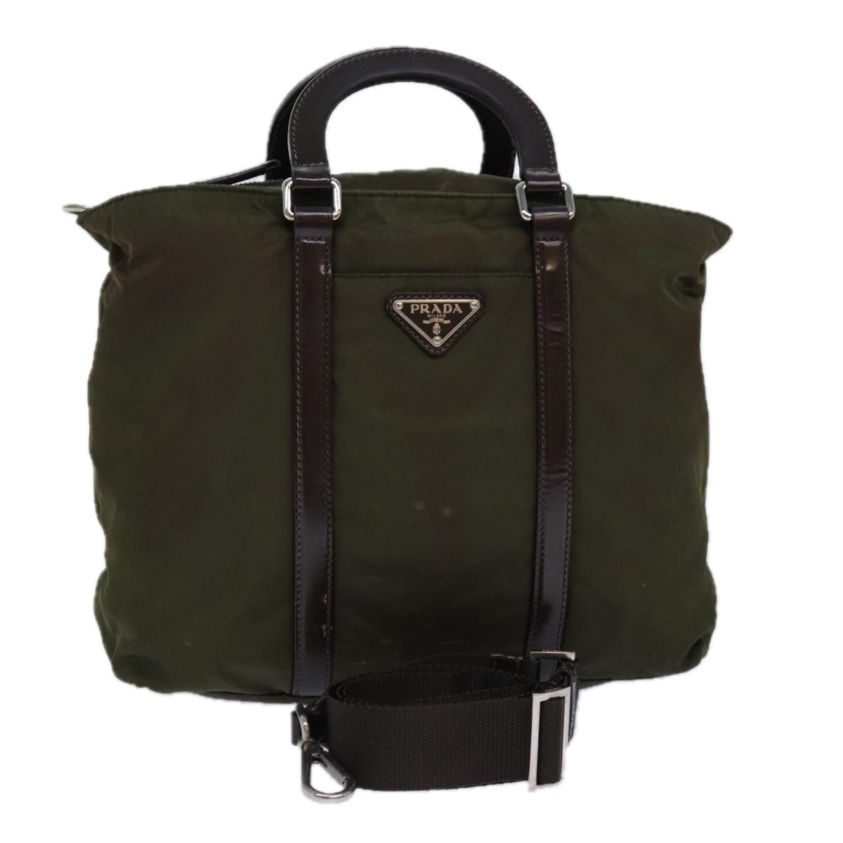 Prada Hand Bag 2Way Khaki Auth Nylon Silver Travel Bag