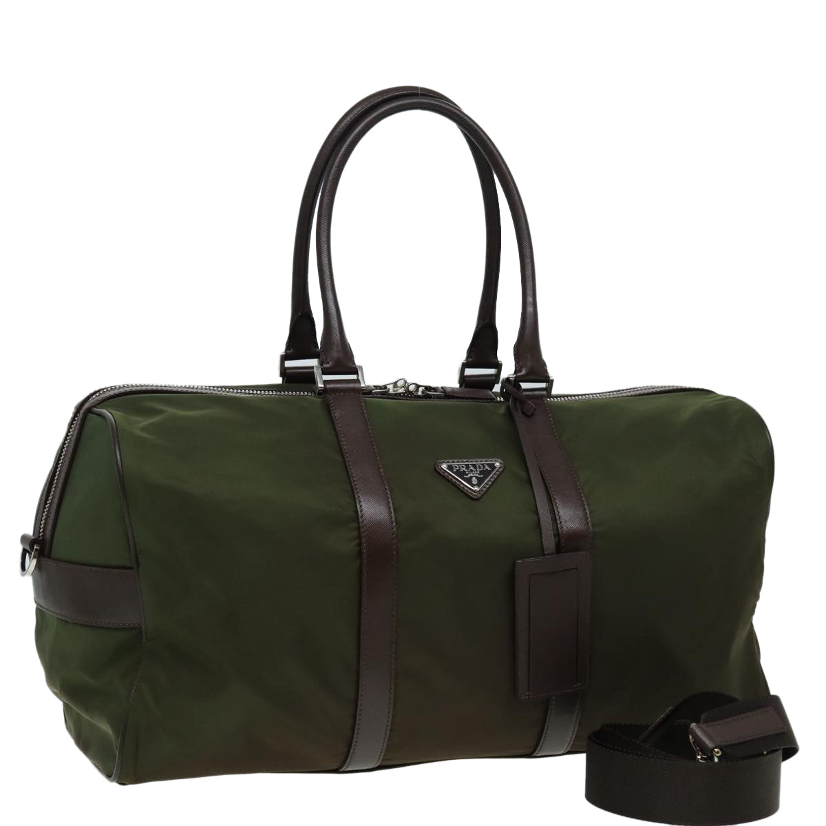Prada Boston Bag Khaki Auth Nylon Silver Travel Bag Silver Auth 85295