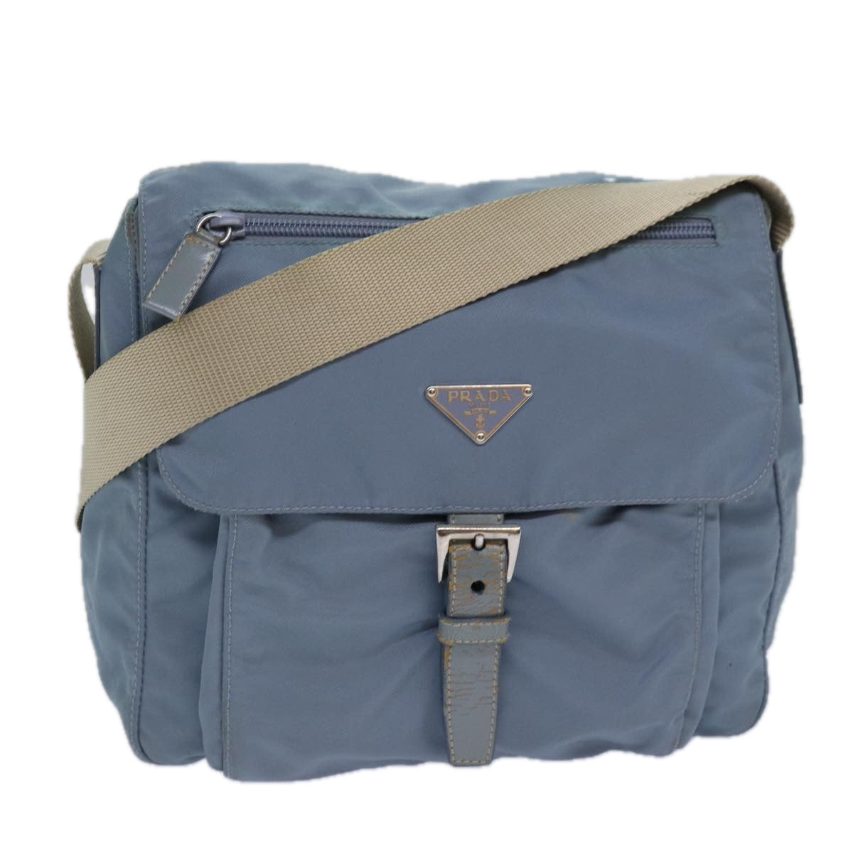 Prada Shoulder Bag Light Auth Nylon Blue Silver Silver Auth 85482