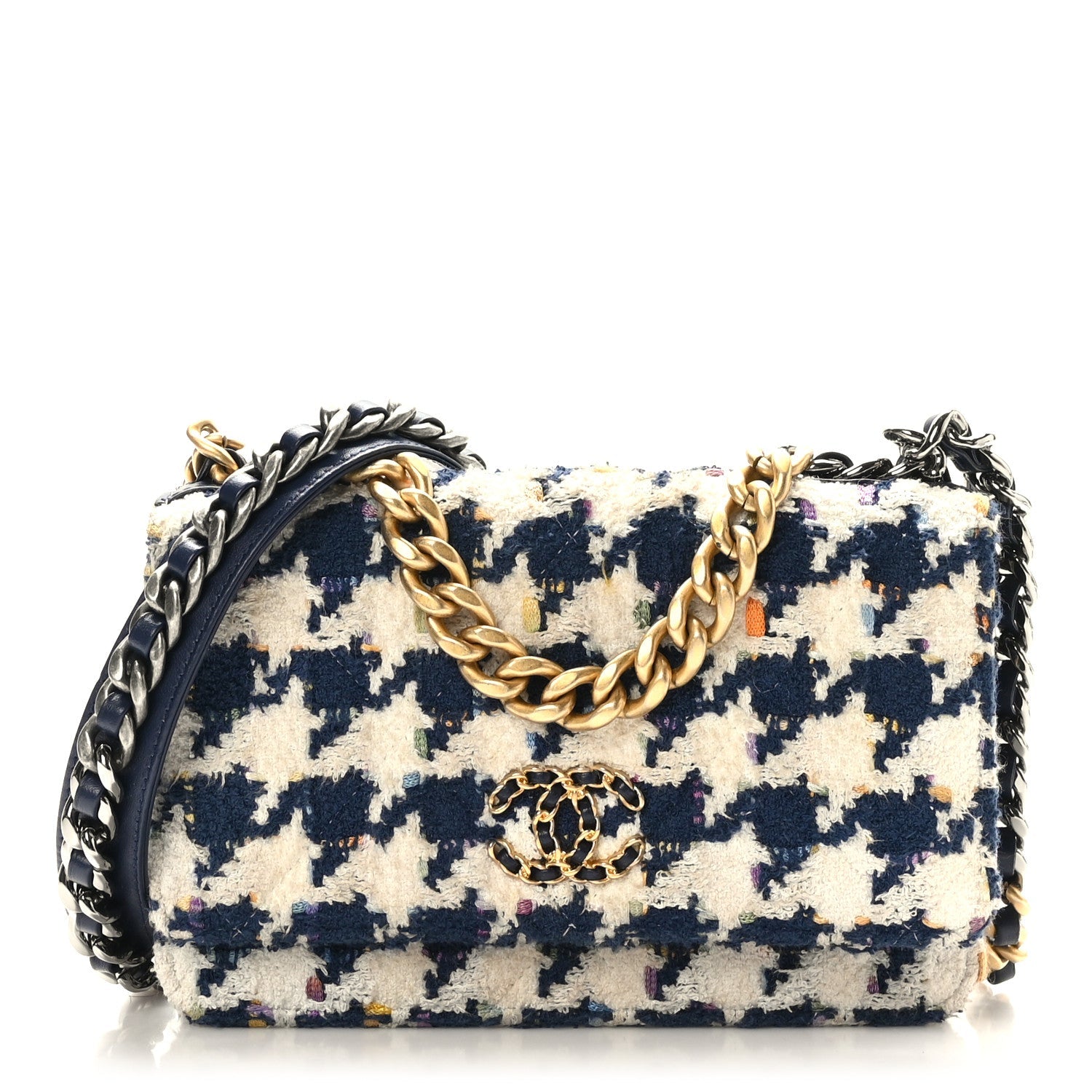 Chanel Tweed Quilted 19 Wallet on Chain WOC Ecru Navy Blue Multicolor Handbag
