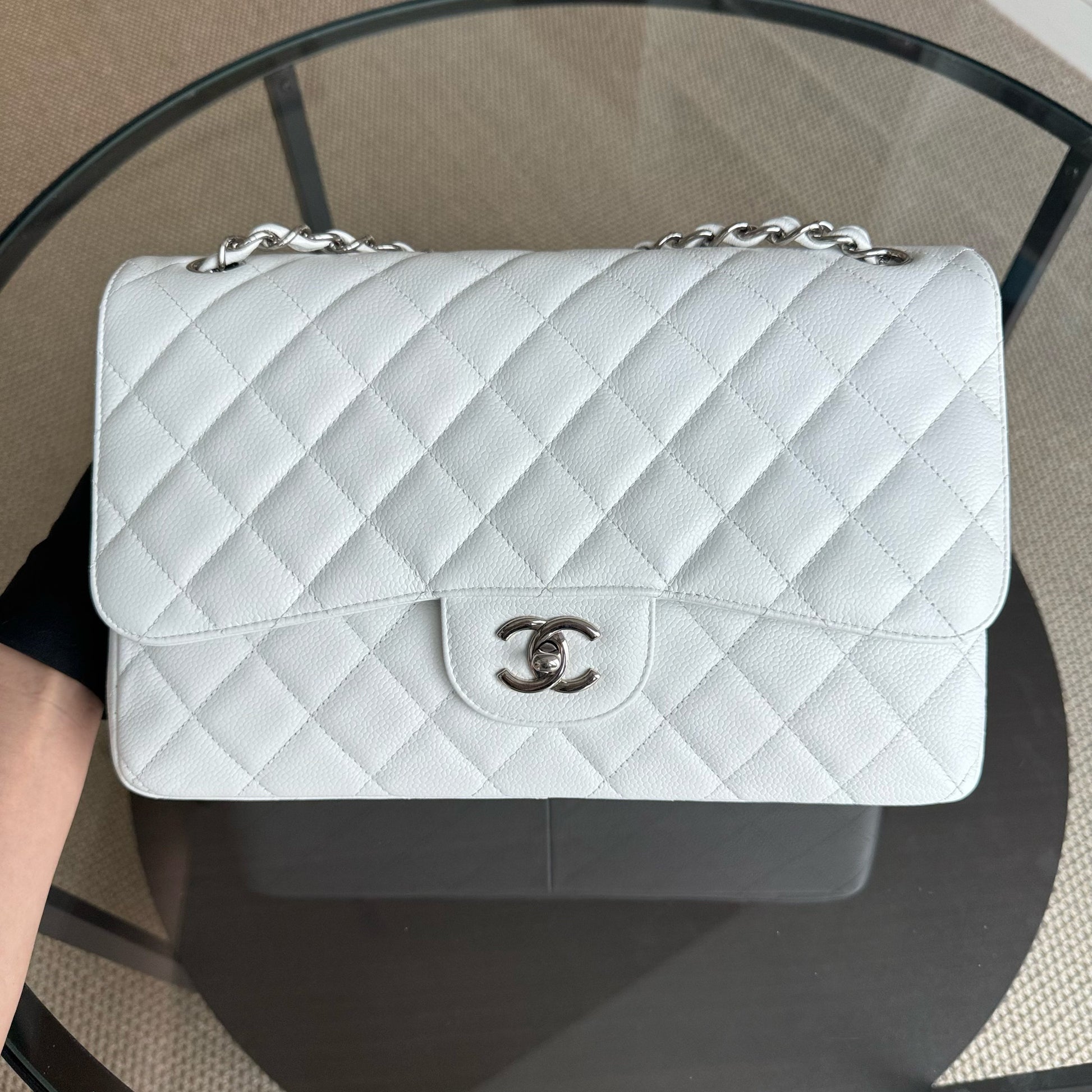 Chanel Classic Flap Jumbo - Caviar Double Flap 30CM Quilted White Silver Hardware Series 14