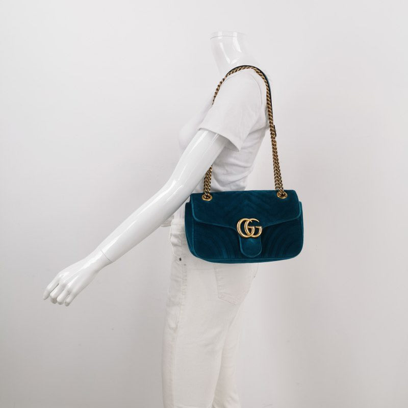 Gucci Marmont Turquoise Velvet Blue Small Flap Travel Bag